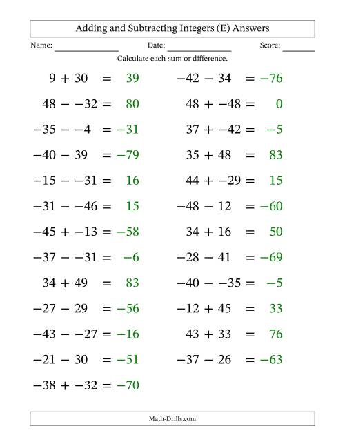 The Adding and Subtracting Mixed Integers from -50 to 50 (25 Questions; Large Print; No Parentheses) (E) Math Worksheet Page 2