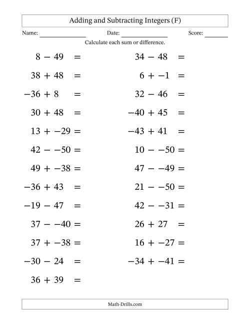 The Adding and Subtracting Mixed Integers from -50 to 50 (25 Questions; Large Print; No Parentheses) (F) Math Worksheet