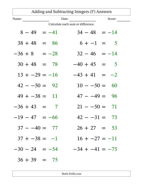 The Adding and Subtracting Mixed Integers from -50 to 50 (25 Questions; Large Print; No Parentheses) (F) Math Worksheet Page 2