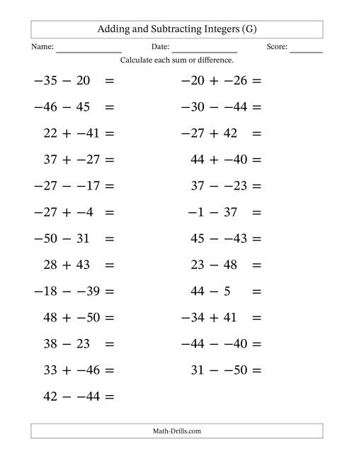 The Adding and Subtracting Mixed Integers from -50 to 50 (25 Questions; Large Print; No Parentheses) (G) Math Worksheet