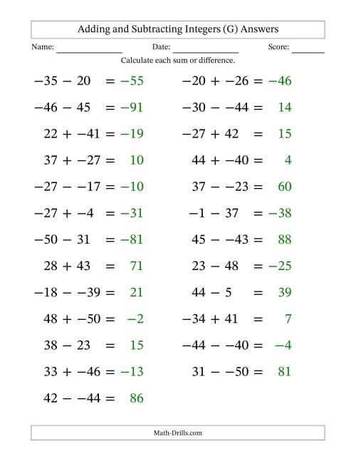 The Adding and Subtracting Mixed Integers from -50 to 50 (25 Questions; Large Print; No Parentheses) (G) Math Worksheet Page 2