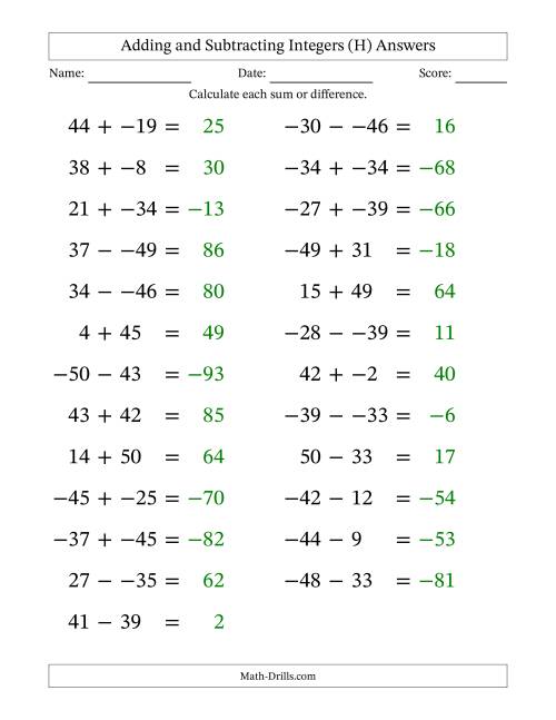 The Adding and Subtracting Mixed Integers from -50 to 50 (25 Questions; Large Print; No Parentheses) (H) Math Worksheet Page 2