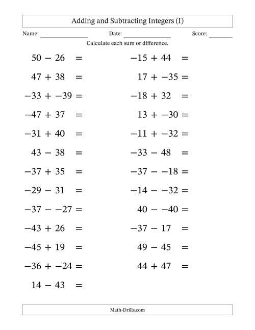 The Adding and Subtracting Mixed Integers from -50 to 50 (25 Questions; Large Print; No Parentheses) (I) Math Worksheet