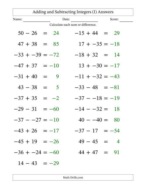 The Adding and Subtracting Mixed Integers from -50 to 50 (25 Questions; Large Print; No Parentheses) (I) Math Worksheet Page 2
