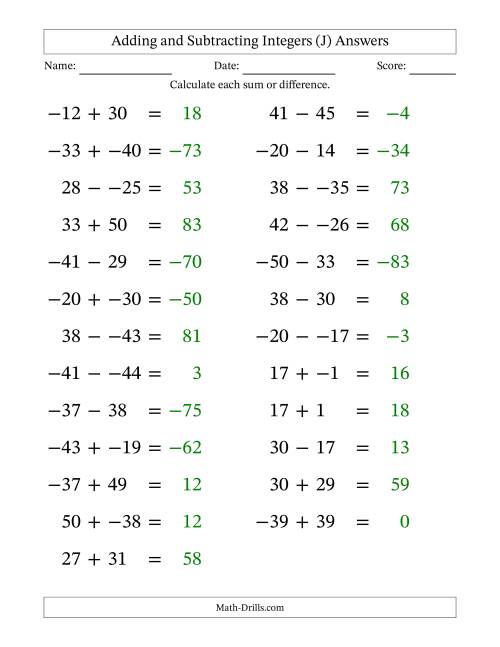 The Adding and Subtracting Mixed Integers from -50 to 50 (25 Questions; Large Print; No Parentheses) (J) Math Worksheet Page 2