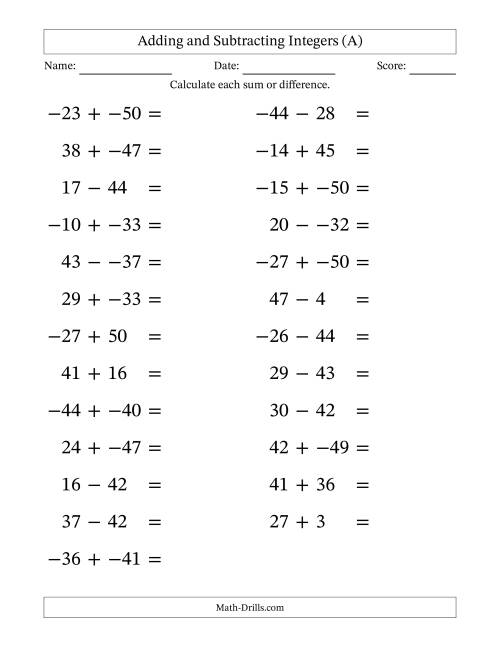 The Adding and Subtracting Mixed Integers from -50 to 50 (25 Questions; Large Print; No Parentheses) (All) Math Worksheet