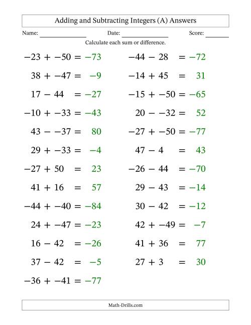 The Adding and Subtracting Mixed Integers from -50 to 50 (25 Questions; Large Print; No Parentheses) (All) Math Worksheet Page 2