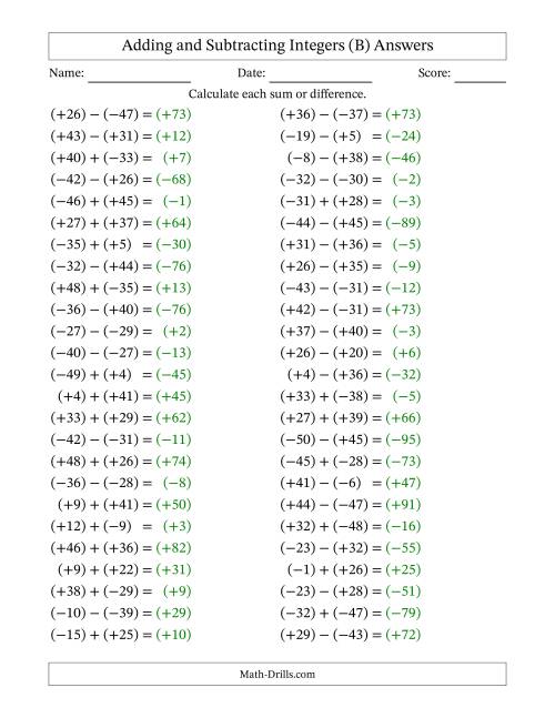 The Adding and Subtracting Mixed Integers from -50 to 50 (50 Questions; All Parentheses) (B) Math Worksheet Page 2