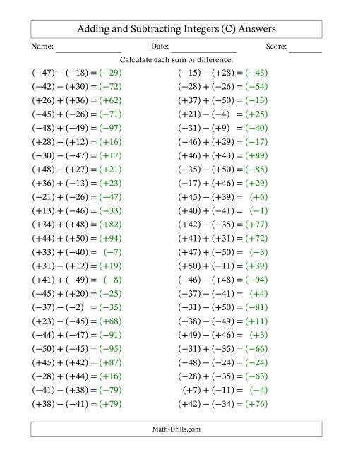 The Adding and Subtracting Mixed Integers from -50 to 50 (50 Questions; All Parentheses) (C) Math Worksheet Page 2