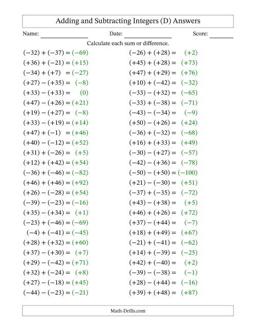 The Adding and Subtracting Mixed Integers from -50 to 50 (50 Questions; All Parentheses) (D) Math Worksheet Page 2