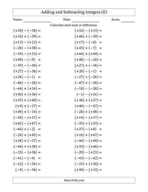 The Adding and Subtracting Mixed Integers from -50 to 50 (50 Questions; All Parentheses) (E) Math Worksheet