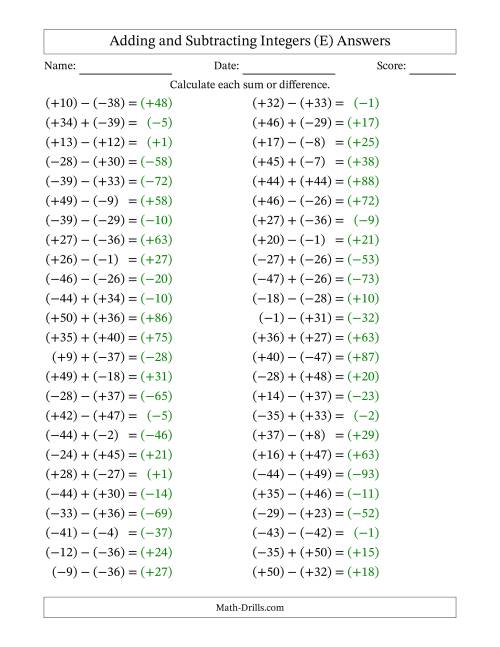 The Adding and Subtracting Mixed Integers from -50 to 50 (50 Questions; All Parentheses) (E) Math Worksheet Page 2