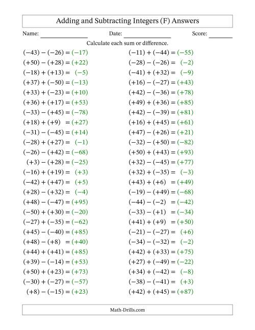 The Adding and Subtracting Mixed Integers from -50 to 50 (50 Questions; All Parentheses) (F) Math Worksheet Page 2