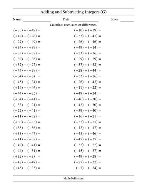 The Adding and Subtracting Mixed Integers from -50 to 50 (50 Questions; All Parentheses) (G) Math Worksheet
