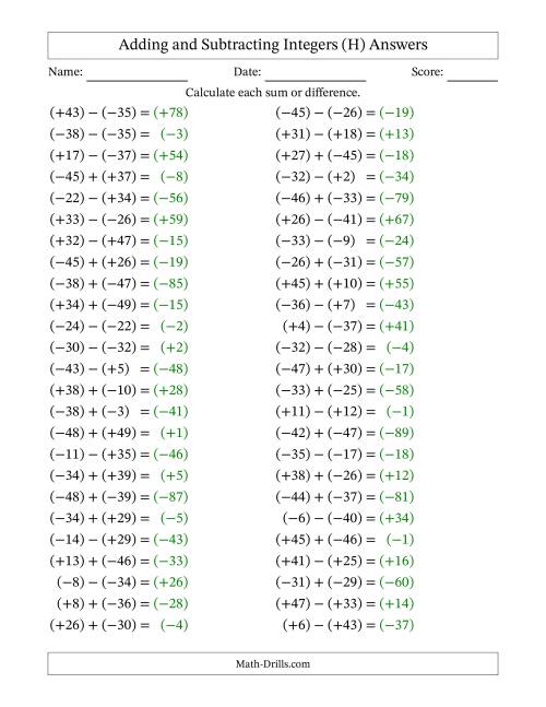 The Adding and Subtracting Mixed Integers from -50 to 50 (50 Questions; All Parentheses) (H) Math Worksheet Page 2