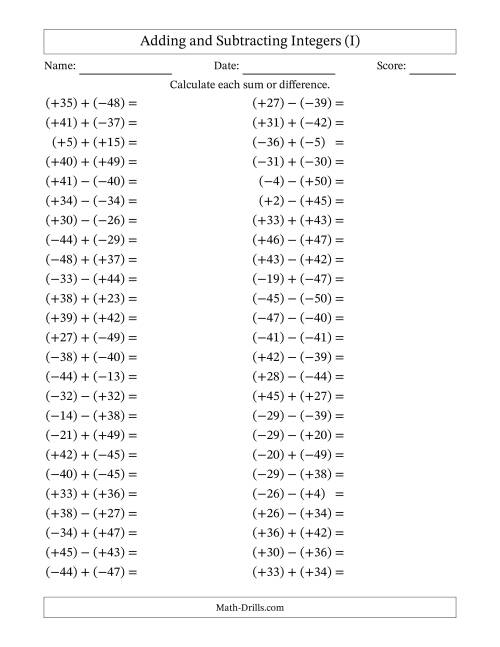 The Adding and Subtracting Mixed Integers from -50 to 50 (50 Questions; All Parentheses) (I) Math Worksheet