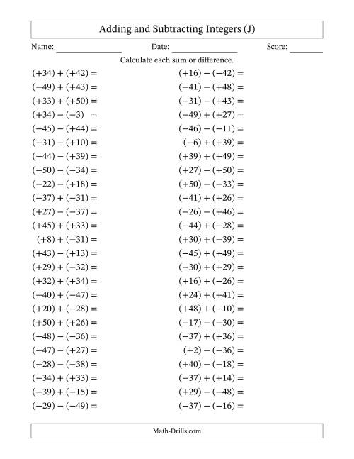 The Adding and Subtracting Mixed Integers from -50 to 50 (50 Questions; All Parentheses) (J) Math Worksheet