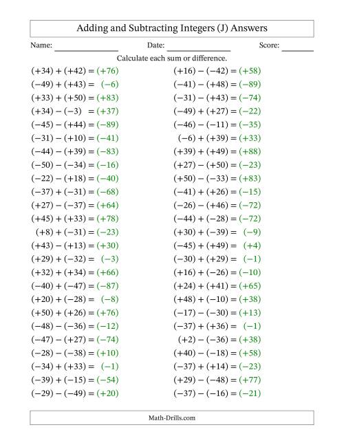 The Adding and Subtracting Mixed Integers from -50 to 50 (50 Questions; All Parentheses) (J) Math Worksheet Page 2