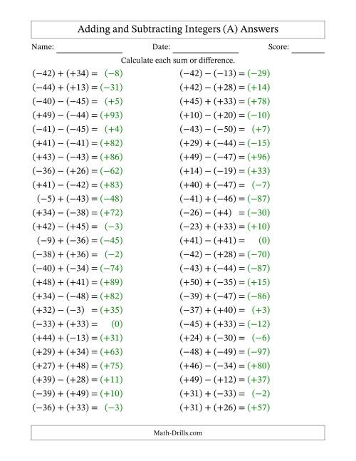 The Adding and Subtracting Mixed Integers from -50 to 50 (50 Questions; All Parentheses) (All) Math Worksheet Page 2