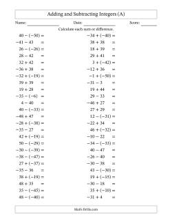 Adding and Subtracting Mixed Integers from -50 to 50 (50 Questions)