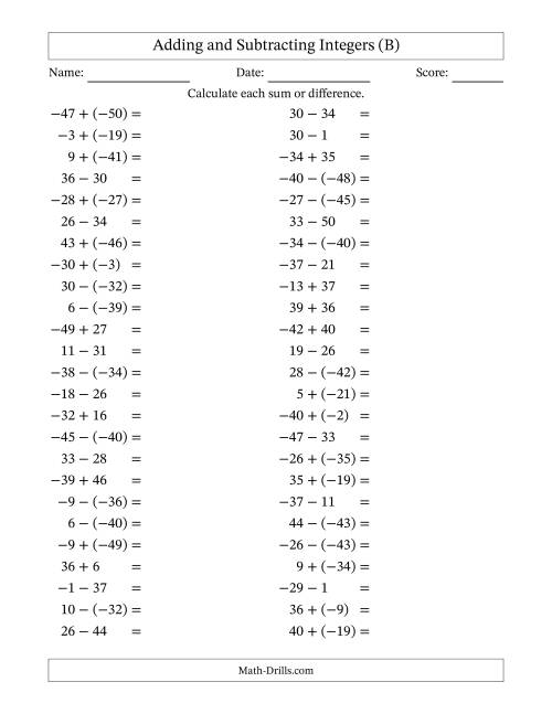 The Adding and Subtracting Mixed Integers from -50 to 50 (50 Questions) (B) Math Worksheet