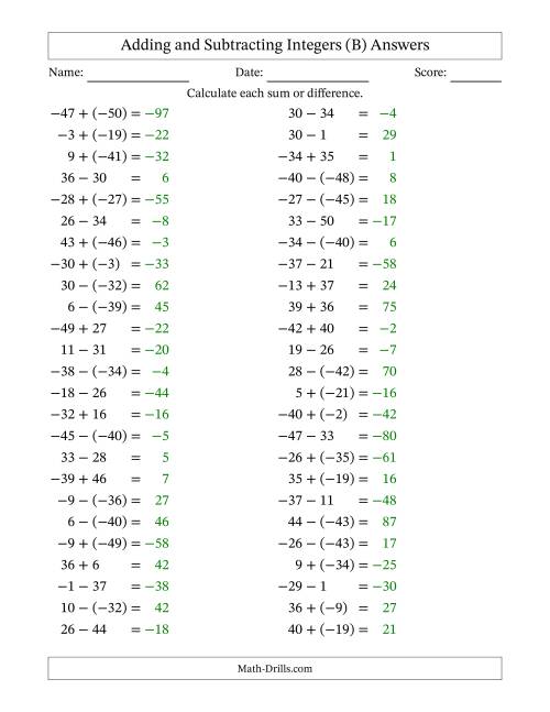 The Adding and Subtracting Mixed Integers from -50 to 50 (50 Questions) (B) Math Worksheet Page 2