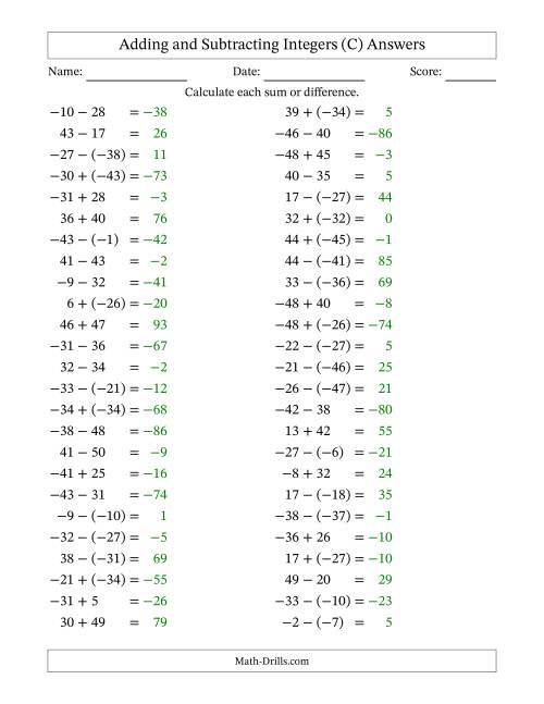 The Adding and Subtracting Mixed Integers from -50 to 50 (50 Questions) (C) Math Worksheet Page 2