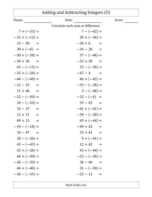 The Adding and Subtracting Mixed Integers from -50 to 50 (50 Questions) (D) Math Worksheet