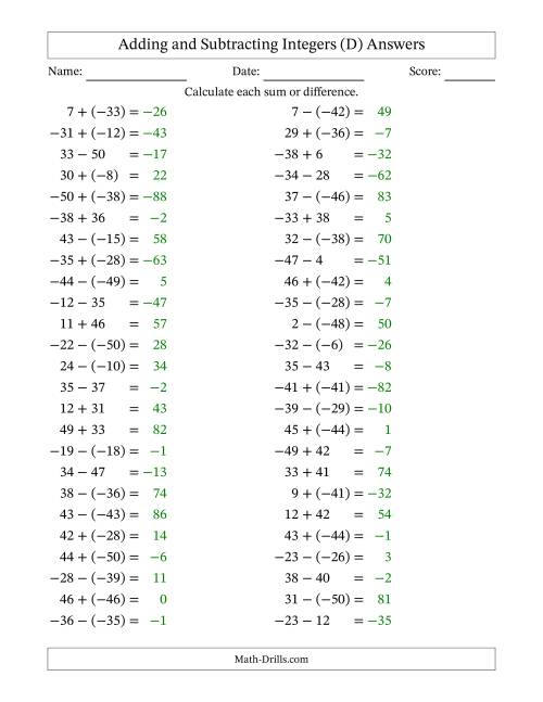 The Adding and Subtracting Mixed Integers from -50 to 50 (50 Questions) (D) Math Worksheet Page 2