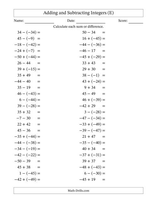 The Adding and Subtracting Mixed Integers from -50 to 50 (50 Questions) (E) Math Worksheet