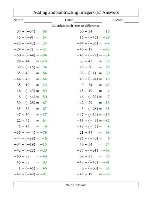 The Adding and Subtracting Mixed Integers from -50 to 50 (50 Questions) (E) Math Worksheet Page 2