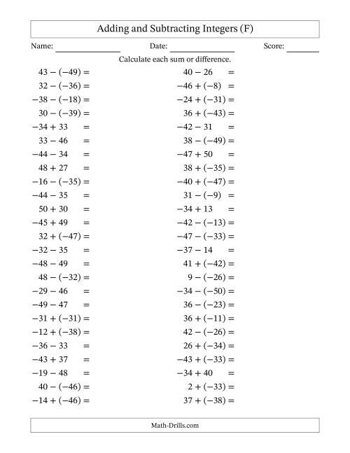 The Adding and Subtracting Mixed Integers from -50 to 50 (50 Questions) (F) Math Worksheet