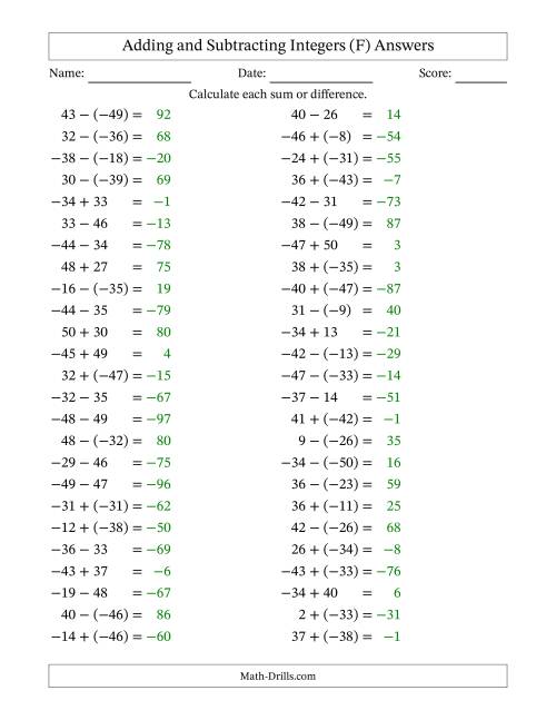 The Adding and Subtracting Mixed Integers from -50 to 50 (50 Questions) (F) Math Worksheet Page 2