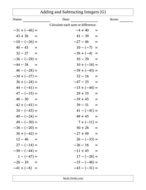 The Adding and Subtracting Mixed Integers from -50 to 50 (50 Questions) (G) Math Worksheet