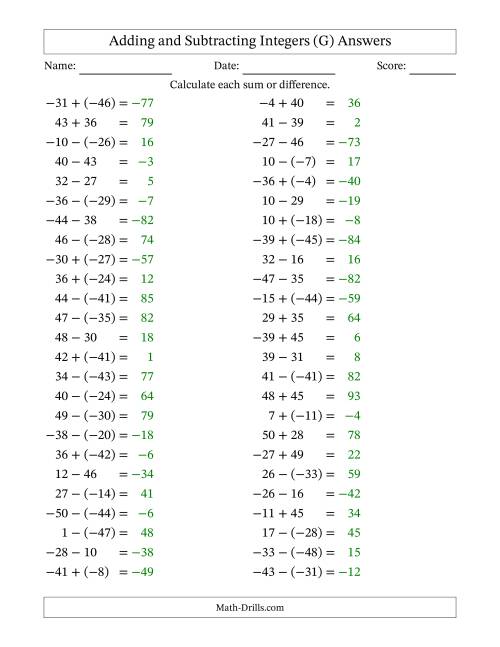 The Adding and Subtracting Mixed Integers from -50 to 50 (50 Questions) (G) Math Worksheet Page 2