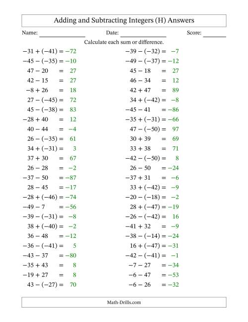 The Adding and Subtracting Mixed Integers from -50 to 50 (50 Questions) (H) Math Worksheet Page 2