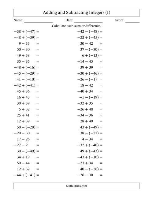 The Adding and Subtracting Mixed Integers from -50 to 50 (50 Questions) (I) Math Worksheet