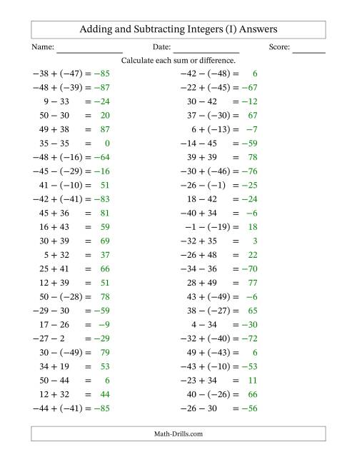 The Adding and Subtracting Mixed Integers from -50 to 50 (50 Questions) (I) Math Worksheet Page 2