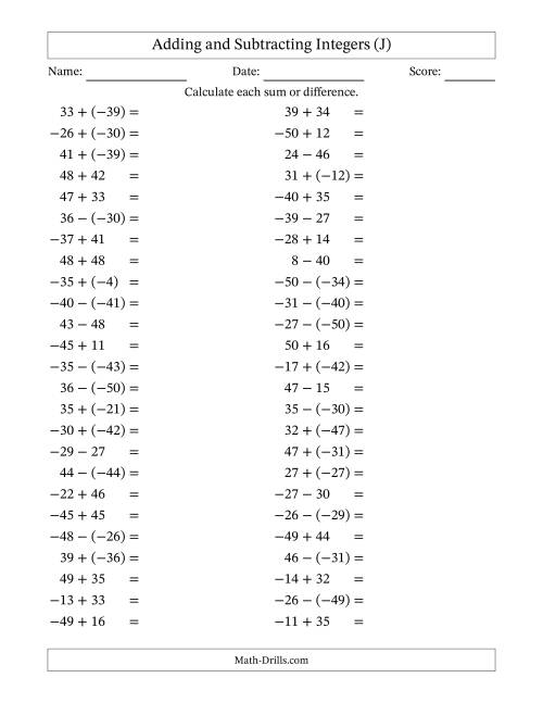 The Adding and Subtracting Mixed Integers from -50 to 50 (50 Questions) (J) Math Worksheet