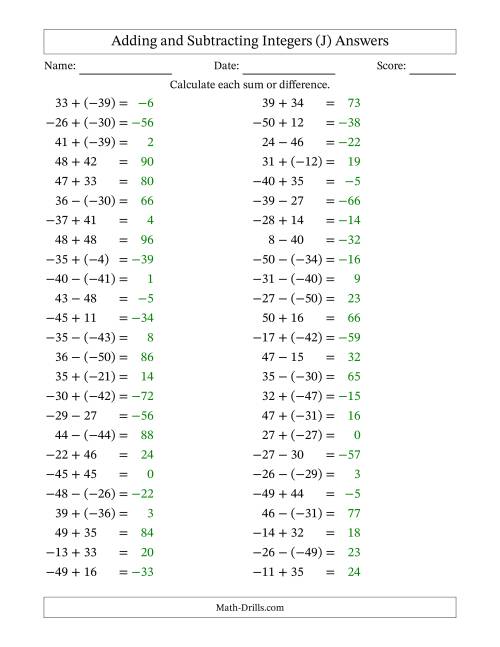 The Adding and Subtracting Mixed Integers from -50 to 50 (50 Questions) (J) Math Worksheet Page 2