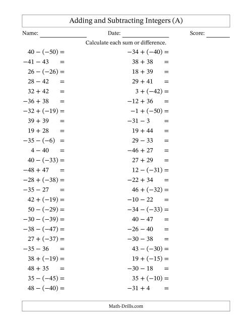 The Adding and Subtracting Mixed Integers from -50 to 50 (50 Questions) (All) Math Worksheet