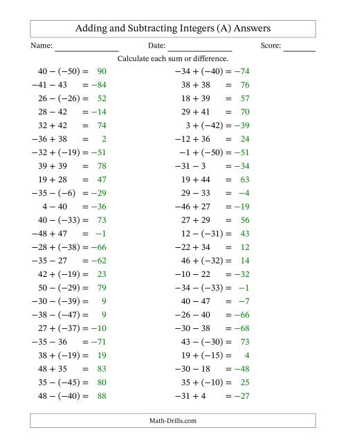 The Adding and Subtracting Mixed Integers from -50 to 50 (50 Questions) (All) Math Worksheet Page 2