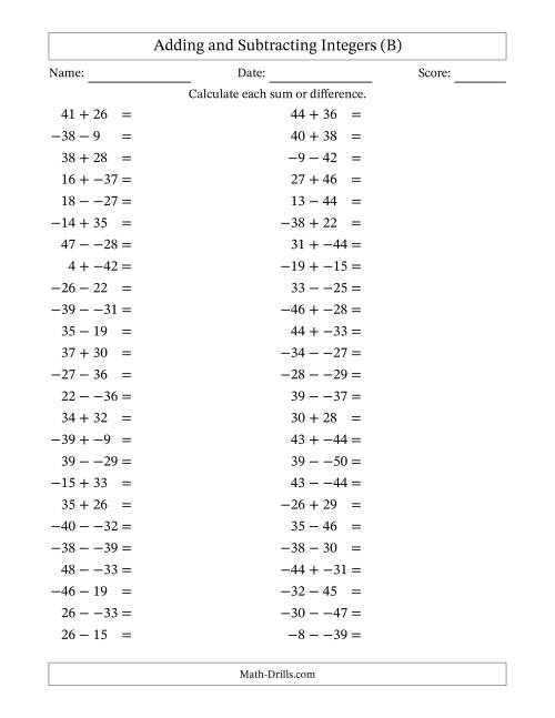 The Adding and Subtracting Mixed Integers from -50 to 50 (50 Questions; No Parentheses) (B) Math Worksheet