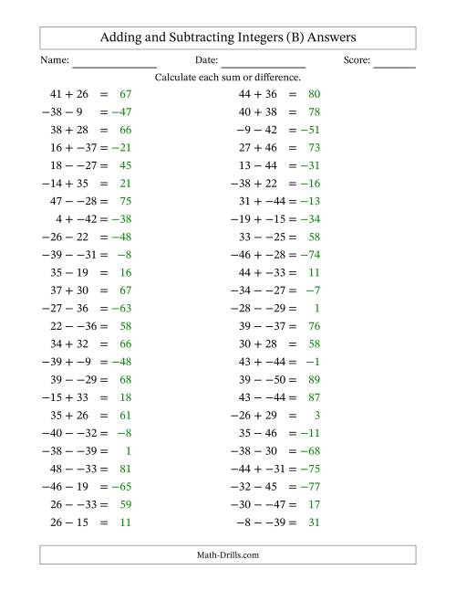 The Adding and Subtracting Mixed Integers from -50 to 50 (50 Questions; No Parentheses) (B) Math Worksheet Page 2