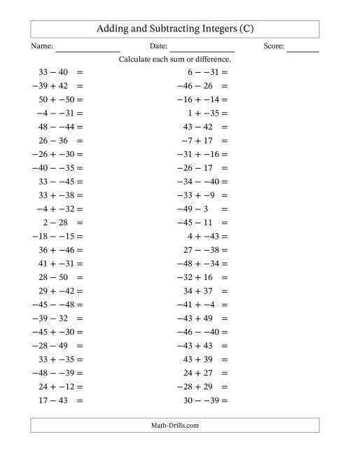 The Adding and Subtracting Mixed Integers from -50 to 50 (50 Questions; No Parentheses) (C) Math Worksheet