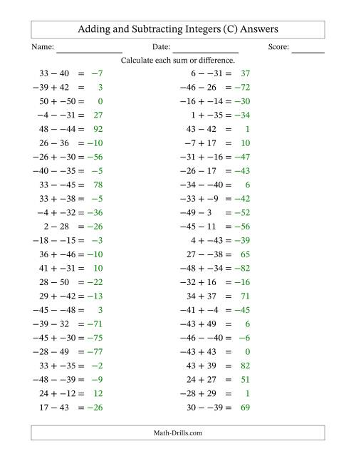 The Adding and Subtracting Mixed Integers from -50 to 50 (50 Questions; No Parentheses) (C) Math Worksheet Page 2