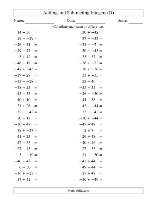 The Adding and Subtracting Mixed Integers from -50 to 50 (50 Questions; No Parentheses) (D) Math Worksheet