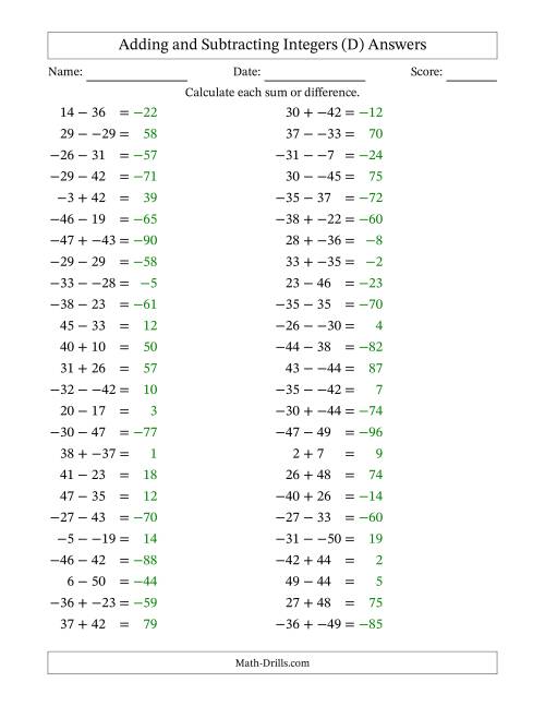 The Adding and Subtracting Mixed Integers from -50 to 50 (50 Questions; No Parentheses) (D) Math Worksheet Page 2