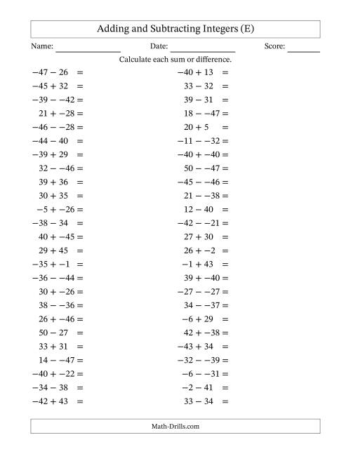 The Adding and Subtracting Mixed Integers from -50 to 50 (50 Questions; No Parentheses) (E) Math Worksheet