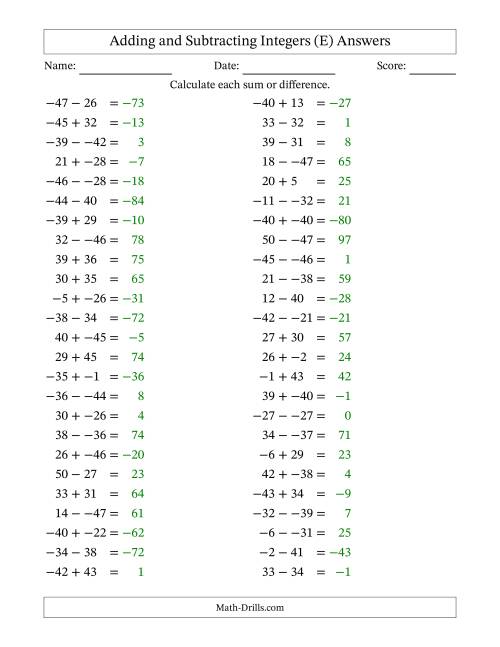 The Adding and Subtracting Mixed Integers from -50 to 50 (50 Questions; No Parentheses) (E) Math Worksheet Page 2